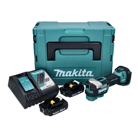 Makita DTM 52 RAJ cordless multifunction tool 18 V Starlock Max Brushless + 2x rechargeable battery 2.0 Ah + charger + Makpac