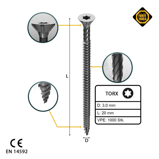 FORTE Tools tornillo universal para madera 3,0 x 20 mm T10 1000 piezas (2x 000040113857) galvanizado en plata Torx cabeza avellanada rosca completa