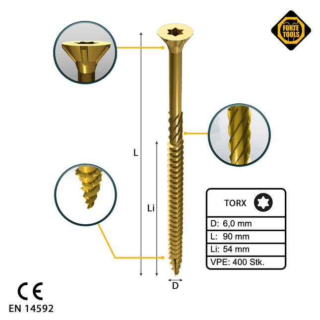 FORTE Tools Tornillo universal para madera 6,0 x 90 mm T30 400 piezas (4x 000051399497) rosca parcial Torx cabeza avellanada galvanizada amarilla
