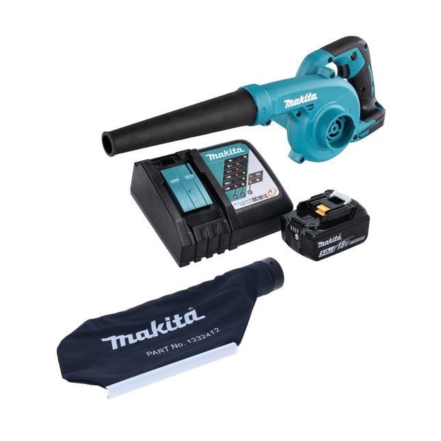 Soplador de hojas a batería Makita DUB 185 RT1 18 V + 1 batería de 5,0 Ah + cargador + bolsa colectora