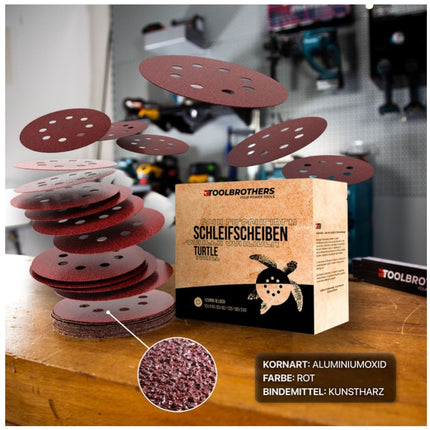 Toolbrothers TURTLE Schleifset 4 Packungen 240x Schleifscheiben 125mm Klett 8 Loch je 40x P40 / P60 / P80 / P120 / P180 / 240 für Hartholz, Weichholz, Lack, Stein, Stahl, Aluminium, Furnier - Toolbrothers