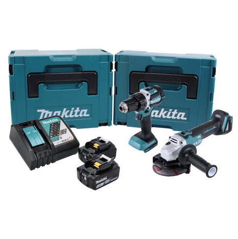 Kit combinato a batteria Makita DLX 2190 TJ1 Trapano avvitatore a batteria DDF 484 + smerigliatrice angolare a batteria DGA 504 + 2x batteria ricaricabile 5,0 Ah + caricabatterie + 2x Makpac