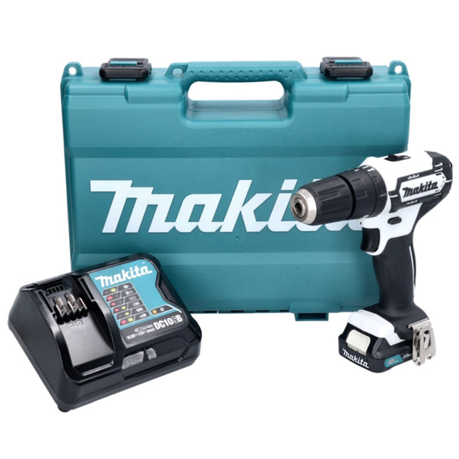 Taladro percutor a batería Makita HP 333 DSAW 12 V 30 Nm blanco + 1 batería de 2,0 Ah + cargador + maletín
