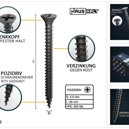 HausHalt Universal Holzbauschraube Holzschraube 4,5 x 35 mm PZ2 500 Stk. ( 000051371164 ) silber verzinkt Kreuzschlitz Pozidriv Senkkopf Vollgewinde - Toolbrothers