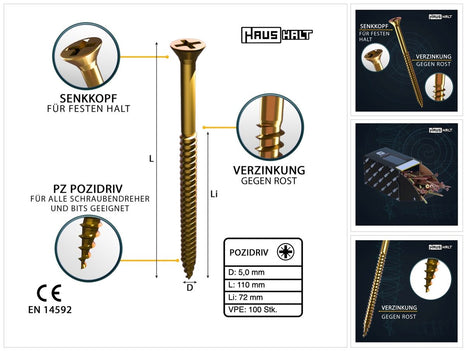 HausHalt Universal Holzbauschraube Holzschraube 5,0 x 110 mm PZ2 100 Stk. ( 000051371184 ) gelb verzinkt Kreuzschlitz Pozidriv Senkkopf Teilgewinde - Toolbrothers