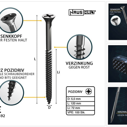 HausHalt Universal Holzbauschraube Holzschraube 5,0 x 120 mm PZ2 100 Stk. ( 000051371185 ) silber verzinkt Kreuzschlitz Pozidriv Senkkopf Teilgewinde - Toolbrothers