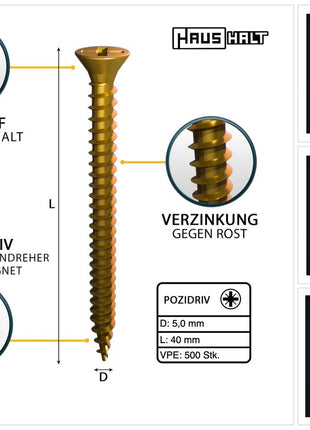 HausHalt Universal Holzbauschraube Holzschraube 5,0 x 40 mm PZ2 500 Stk. ( 000051371192 ) gelb verzinkt Kreuzschlitz Pozidriv Senkkopf Vollgewinde - Toolbrothers