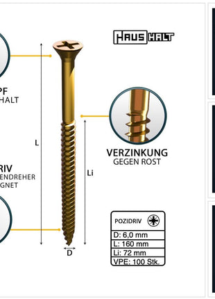 HausHalt Universal Holzbauschraube Holzschraube 6,0 x 160 mm PZ3 100 Stk. ( 000051371220 ) gelb verzinkt Kreuzschlitz Pozidriv Senkkopf Teilgewinde - Toolbrothers