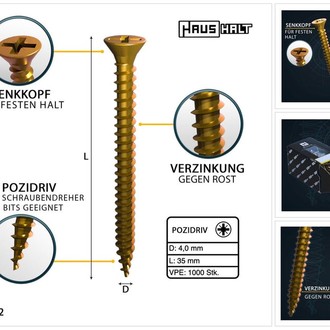 HausHalt Universal Holzbauschraube Holzschraube 4,0 x 35 mm PZ2 1000 Stk. ( 2x 000051371145 ) gelb verzinkt Kreuzschlitz Pozidriv Senkkopf Vollgewinde