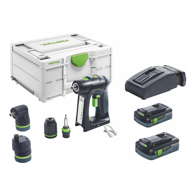 Juego Festool C 18 HPC 4,0 l taladro atornillador a batería 18 V 45 Nm sin escobillas ( 576992 ) + 2x batería recargable 4,0 Ah + cargador + fijación excéntrica + fijación angular + systainer