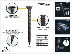 HausHalt Universal Holzbauschraube Holzschraube 5,0 x 30 mm PZ2 2000 Stk. ( 4x 000051371189 ) silber verzinkt Kreuzschlitz Pozidriv Senkkopf Vollgewinde