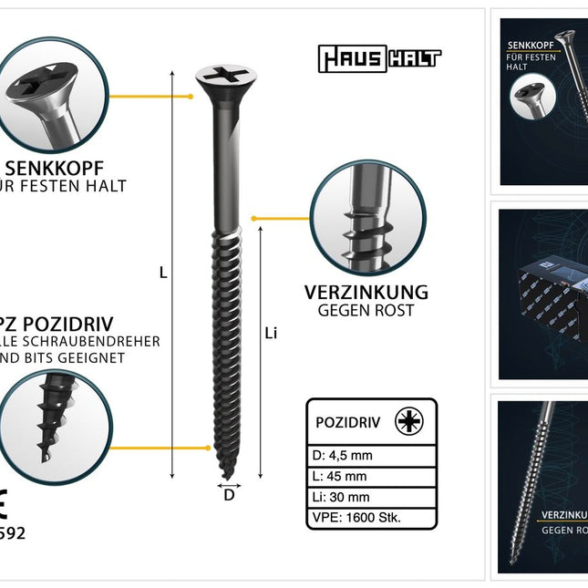 HausHalt Universal Holzbauschraube Holzschraube 4,5 x 45 mm PZ2 1600 Stk. ( 4x 000051371170 ) silber verzinkt Kreuzschlitz Pozidriv Senkkopf Teilgewinde - Toolbrothers