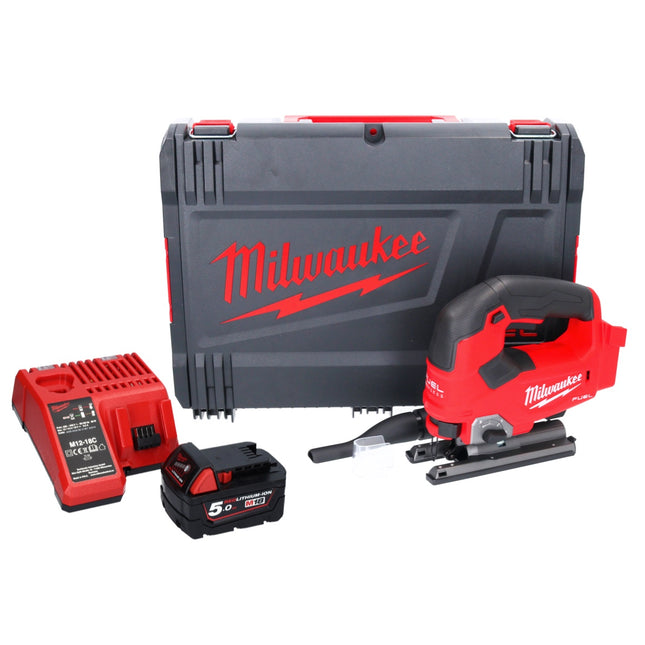 Sierra de calar sin cable Milwaukee M18 FJS-501X 18 V 25 mm carrera sin escobillas + 1x batería recargable 5,0 Ah + cargador + caja HD