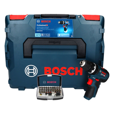 Bosch GSB 12V-35 Professional taladro percutor a batería 12 V 35 Nm sin escobillas + juego de puntas 32 piezas + L-Boxx - sin batería, sin cargador