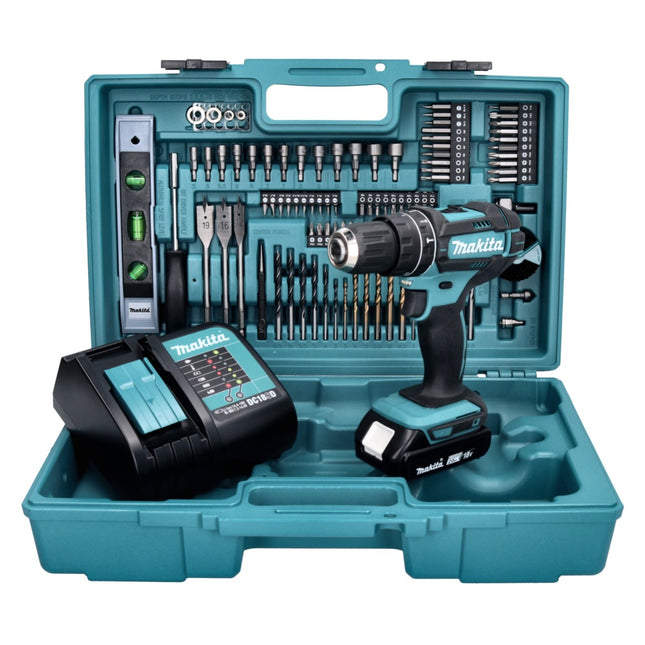 Makita DHP 482 SAX5 cordless impact drill 18 V 62 Nm + 1x rechargeable battery 2.0 Ah + charger + 101-piece accessory set + case