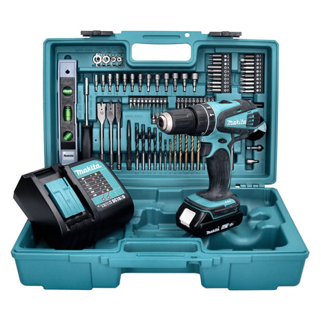 Taladro percutor inalámbrico Makita DHP 456 SAX5 18 V 50 Nm + 1x batería 2,0 Ah + cargador + set de accesorios 101 piezas + estuche