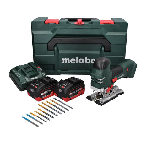 Scie sauteuse sur batterie Metabo STA 18 LTX 140 18 V + 2 batteries 5,5 Ah + chargeur + jeu de 10 lames de scie sauteuse + métaBOX