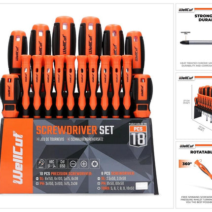 WellCut 18-teiliges Schraubendreher-Set, frei drehende Präzisions-Schraubendreher, magnetisch, aus gehärtetem Cr-V-Werkzeugstahl ( ‎WC-SD18S )
