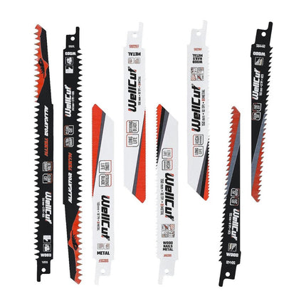 Juego de hojas de sierra alternativa WellCut, 8 piezas, para madera, plástico y metal, acero HCS, con eje universal, resistente al óxido y a las colisiones (‎‎‎WC-RB8)