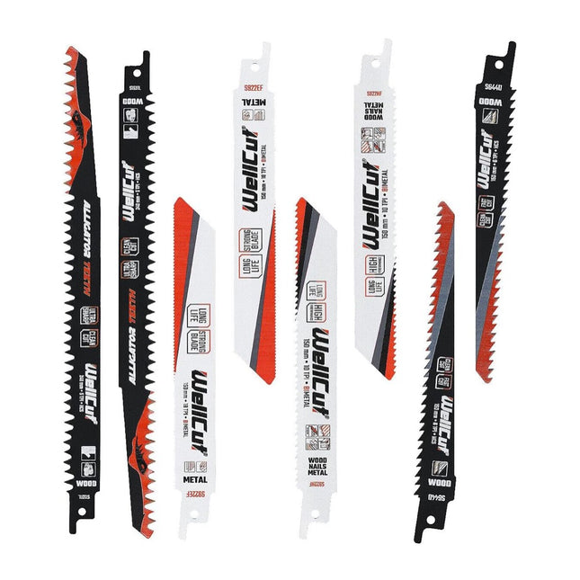 WellCut Säbelsägeblatt Set, 8-teilig, für Holz, Kunststoff und Metall, HCS-Stahl, mit Universalschaft, rost- & kollisionsbeständig ( ‎‎‎WC-RB8 )