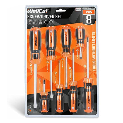WellCut Juego de destornilladores magnéticos, 8 piezas, puntas ranuradas Phillips, acero al cromo vanadio con mangos de agarre suave (WC-SD8)