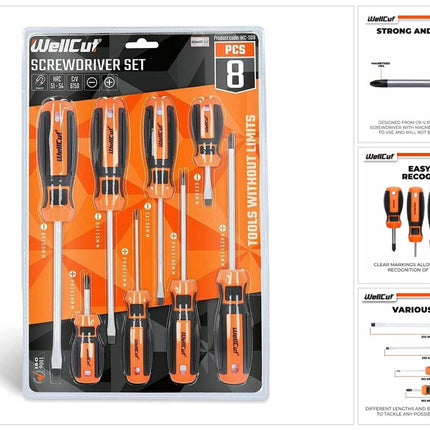 WellCut Juego de destornilladores magnéticos, 8 piezas, puntas ranuradas Phillips, acero al cromo vanadio con mangos de agarre suave (WC-SD8)