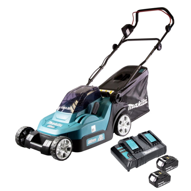 Makita DLM 382 CM2 cordless lawn mower 36 V ( 2x 18 V ) 38 cm 40 l + 2x battery 4.0 Ah + double charger