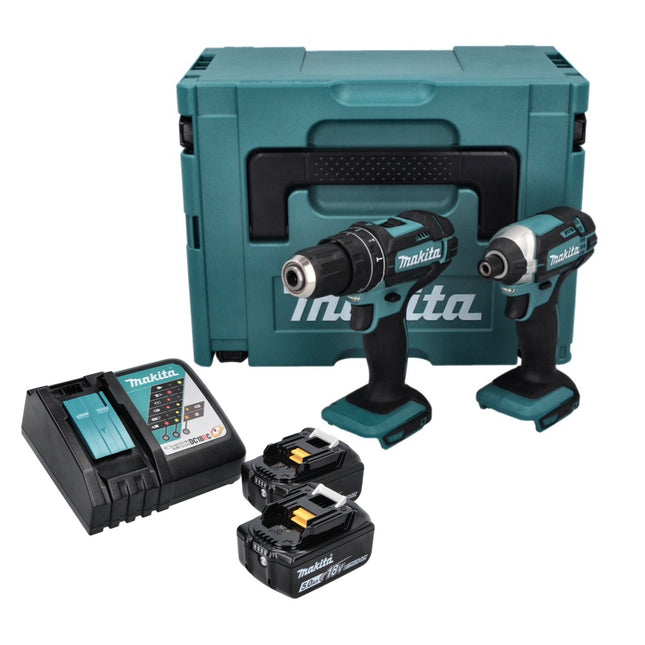 Makita DLX 2131 TJ kit combinado sin cable 18 V con DHP 482 62 Nm + DTD 152 165 Nm + 2x batería recargable 5.0 Ah + cargador + Makpac