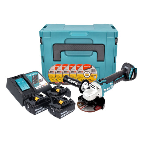 Makita DGA 504 RFJ3 Akku Winkelschleifer 18 V 125 mm Brushless + 3x Akku 3,0 Ah + Ladegerät + 5x Trennscheibe + Makpac