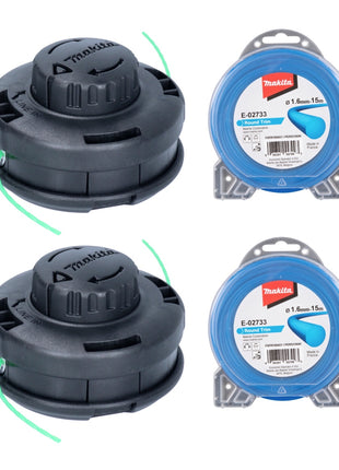 Makita Cabezal de 2 hilos Tap&amp;Go 2,0 mm 2 piezas (2x 191D91-7) + hilo de corte redondo 1,6 mm 15 m 2 piezas (2x E-02733) para cortacésped con batería de 18 V DUR 187 y DUR 188