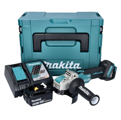 Makita DGA 521 RT1X1J Akumulatorowa szlifierka kątowa 18 V 125 mm X-LOCK Bezszczotkowa + 1x akumulator 5,0 Ah + ładowarka + Makpac