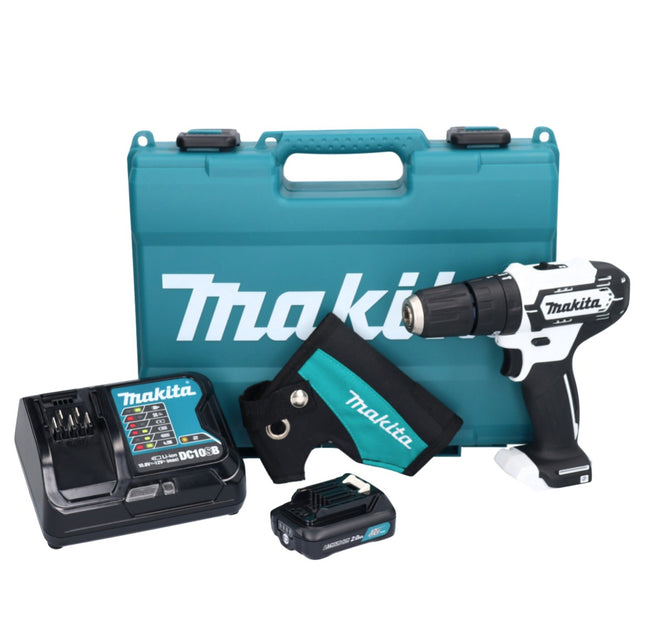 Taladro percutor a batería Makita HP 333 DSAW 12 V 30 Nm blanco + 1 batería 2,0 Ah + cargador + funda + maletín