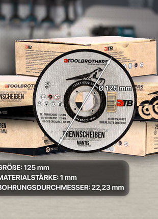 Toolbrothers MANTIS Trennscheiben- Set in Profi Qualität 25 Stück, 125 x 22,23 x 1 mm zur Bearbeitung von Metall, Stahl, Edelstahl / INOX für Winkelschleifer - Toolbrothers