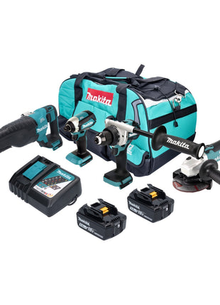 Makita DLX 4157 TX1 Akku Kombo Kit 18 V DDF 486 + DGA 504 + DJR 187 + DTD 153 + 2x Akku 5,0 Ah + Ladegerät + Tasche