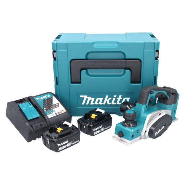 Makita DKP 180 RTJ cordless planer 18 V 82 mm + 2x rechargeable battery 5.0 Ah + charger + Makpac