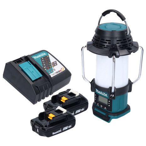 Makita DMR 055 RA cordless radio 18 V FM with lantern 360° torch + 2x rechargeable battery 2.0 Ah + charger