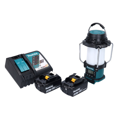 Makita DMR 055 RM cordless radio 18 V FM with lantern 360° torch + 2x rechargeable battery 4.0 Ah + charger