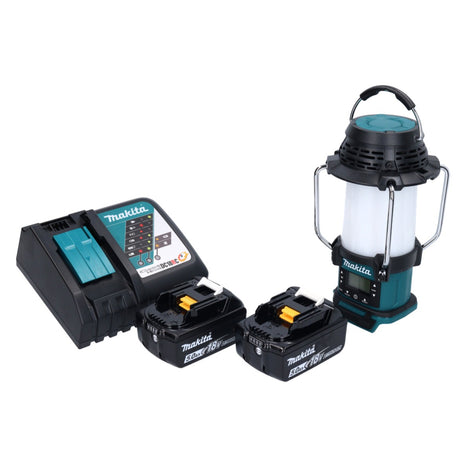 Makita DMR 055 RT radio a batteria 18 V FM con lanterna 360° torcia + 2x batteria ricaricabile 5,0 Ah + caricabatterie