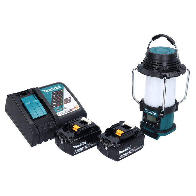 Makita DMR 055 RG cordless radio 18 V FM with lantern 360° torch + 2x rechargeable battery 6.0 Ah + charger