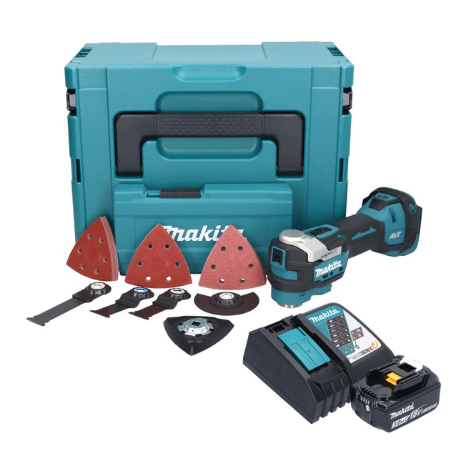 Utensile multifunzione a batteria Makita DTM 52 RF1JX4 18 V Starlock Max Brushless + 1x batteria ricaricabile 3,0 Ah + caricabatterie + set di accessori + Makpac
