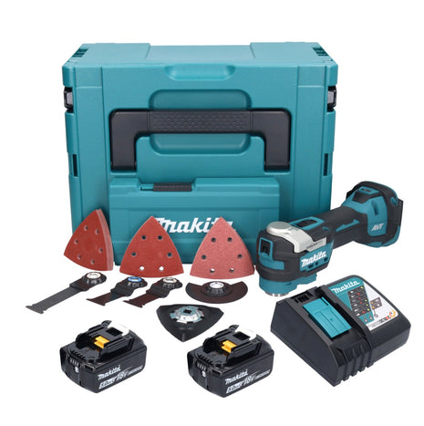 Multiutensile a batteria Makita DTM 52 RTJX4 18 V Starlock Max Brushless + 2 batterie da 5,0 Ah + caricabatterie + kit accessori + Makpac