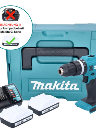 Taladro percutor inalámbrico Makita HP 488 DWYJ 18 V 42 Nm serie G + 2x baterías 1,5 Ah + cargador + Makpac