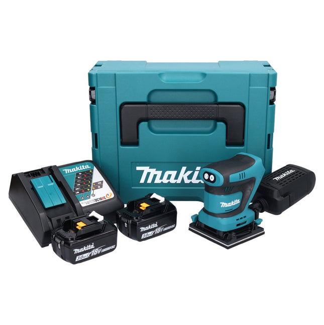 Makita DBO 480 RFJ cordless orbital sander 18 V 112 x 102 mm + 2x rechargeable battery 3.0 Ah + charger + Makpac