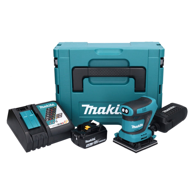 Makita DBO 480 RT1J cordless orbital sander 18 V 112 x 102 mm + 1x rechargeable battery 5.0 Ah + charger + Makpac
