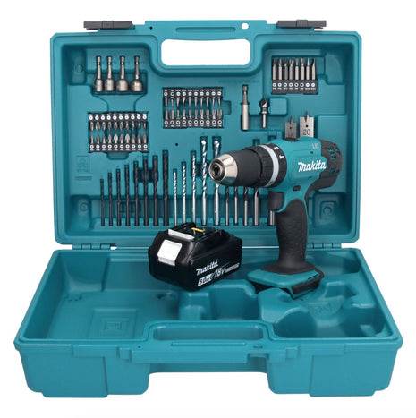 Makita DHP 453 T1X1 Perceuse-visseuse à percussion sans fil 18 V 42 Nm + 1x Batterie 5,0 Ah + kit d'accessoires - 74 pièces + Mallette - sans chargeur