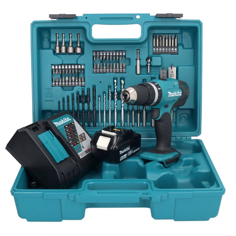 Taladro percutor inalámbrico Makita DHP 453 RG1X1 18 V 42 Nm + 1x batería 6,0 Ah + cargador + set de accesorios 74 piezas + estuche