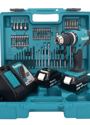 Taladro percutor inalámbrico Makita DHP 453 RGX1 18 V 42 Nm + 2x baterías 6,0 Ah + cargador + set de accesorios 74 piezas + estuche