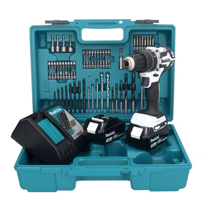 Makita DHP 484 RFX1W Perceuse-visseuse à percussion sans fil 18 V 54 Nm brushless blanc + 2x Batteries 3,0 Ah + Chargeur + set d'accessoires - 74 pièces + Mallette