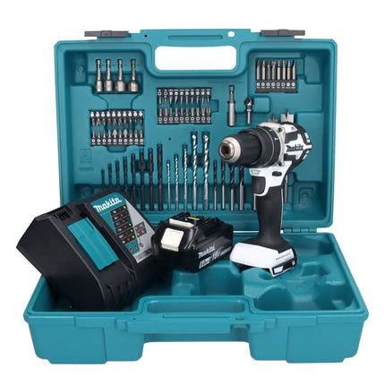 Makita DHP 484 RG1X1W perceuse-visseuse à percussion sans fil 18 V 54 Nm brushless blanc + 1x Batterie 6,0 Ah + Chargeur + set d'accessoires - 74 pièces + Mallette
