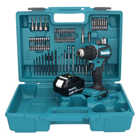 Makita DDF 485 T1X1 taladro atornillador inalámbrico 18 V 50 Nm sin escobillas + 1x batería 5,0 Ah + juego de accesorios 74 piezas + maletín - sin cargador